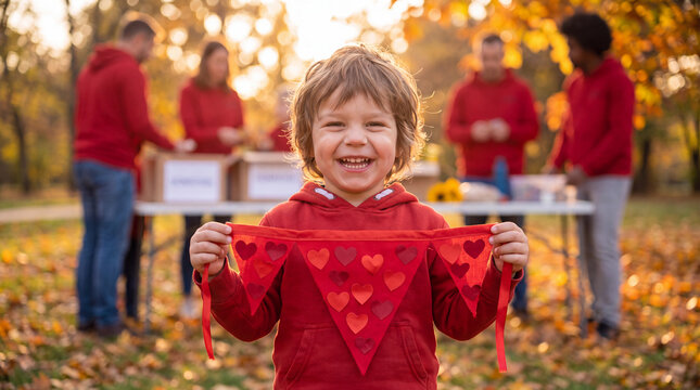 A happy child in a red hoodie carries a heart banner along an autumn path for Giving Tuesday, suitable for charity walk visuals and outdoor campaign banners.