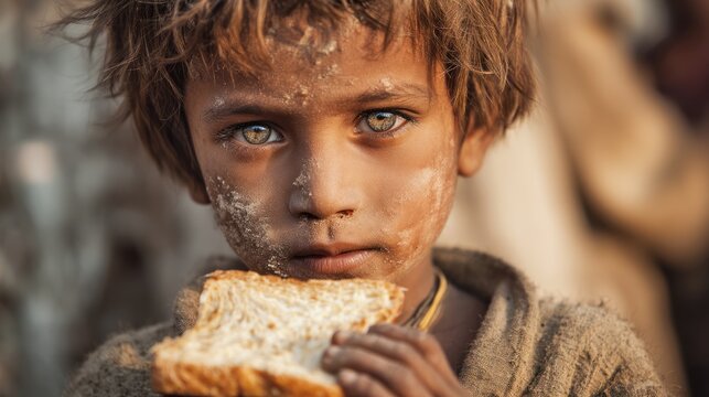 An underprivileged child with dirt on their face, holding a slice of bread, in a setting of poverty-stricken surroundings.