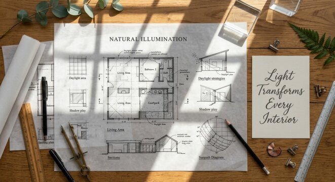 Architectural blueprint with natural illumination studies on a wooden desk