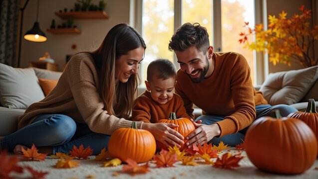 Happy family spending cozy autumn time together at home, parents and young son decorating pumpkins on the floor surrounded by colorful fall leaves and warm seasonal decor
