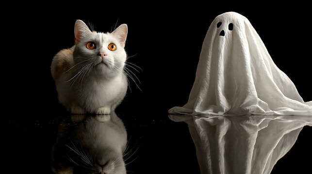Halloween ghost and cat doing an exaggerated tiptoe walk, isolated on black background