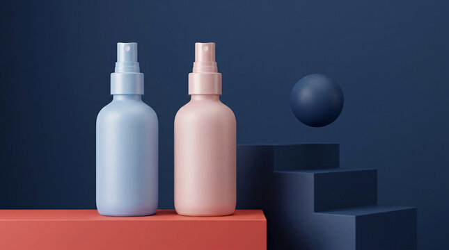 Two minimalist spray bottles, one light blue and one pale pink, stand on a coral pedestal against a deep blue background with abstract navy blue geometric steps and a floating sphere, clean cosmetic