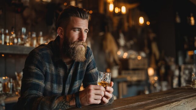 Bearded man enjoying whiskey in rustic bar