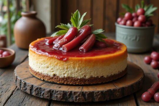 Rubarb-K&auml;sekuchen mit fruchtigem Belag und knusprigem Rand