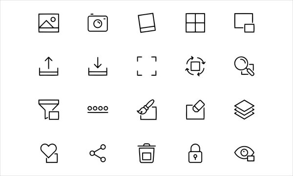 Set outline icons related to picture, image. Linear icon collection. Editable stroke. Vector illustration