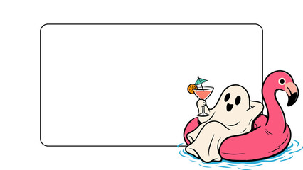 Fototapeta premium Cute ghost cartoon on pink flamingo floatie, summer halloween vacation illustration, spooky character with tropical cocktail and blank frame