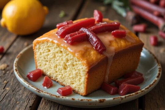 Rubarb-R&uuml;hrkuchen mit Rhabarberstreifen und gl&auml;nzender Glasur, rustikale hausgemachte Backware