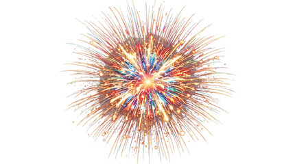 Obraz premium Vibrant multicolored firework explosion burst with golden sparks and colorful rays on a white background for festive celebrations and holidays