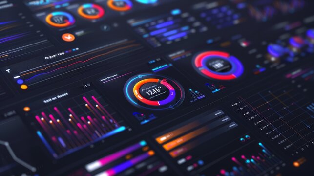 Futuristic digital dashboard displaying glowing charts, graphs, and data visualizations with vibrant neon colors