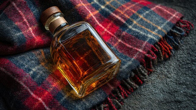 Bottle of aged Scotch whiskey with tartan cloth