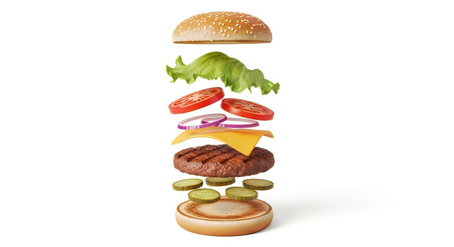 Delicious layered burger with fresh ingredients isolated on white background