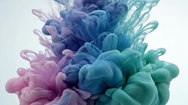 Colorful ink clouds swirling in water, abstract liquid paint explosion on white background