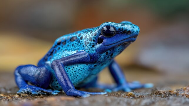 Bright blue poison dart frog in rainforest