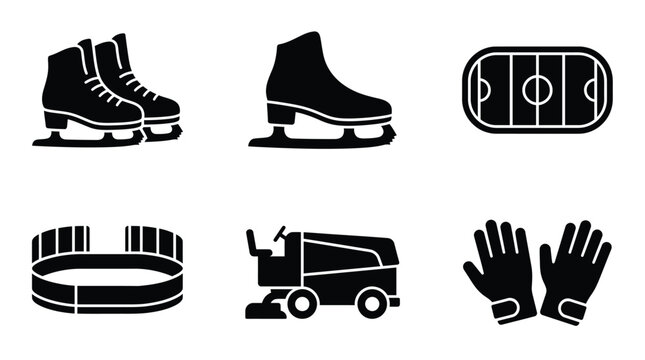 Black ice skating equipment icons featuring skates rink vehicle and protective gear on white background