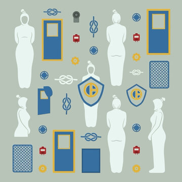 Sci-Fi Spaceship Interior and Character Elements Vector Set - Futuristic Female Astronauts Blue Doors Control Panels Ropes and Shield Symbols Flat Design Illustration