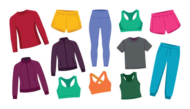 Sportswear vector set with activewear clothing flat apparel icons for gym fitness workout fashion design template