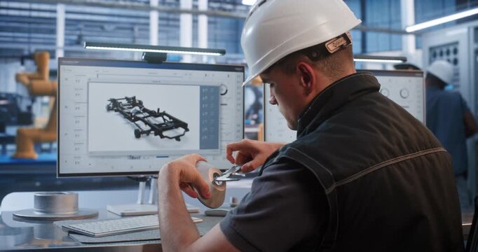 In Modern Smart Factory, Professional Male Engineer Uses Vernier Caliper to Measure Metal Prototype Near 3D CAD Chassis on Screen. Quality Control and Precision Engineering Optimize Industry 4.0.