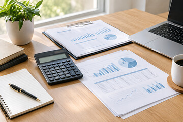Fototapeta premium Business Finance Concept with Calculator and Organized Documents