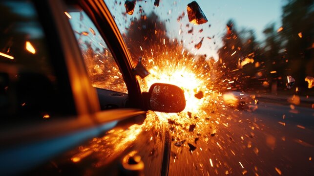 The image depicts the moment of a collision involving a vehicle, with an explosion occurring on the side of the car