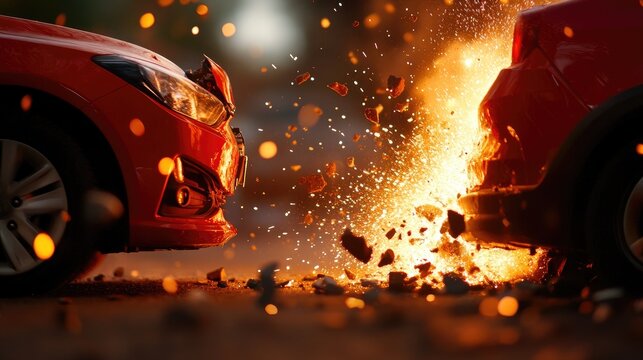 The image depicts a mid accident scene with two cars that have collided head on, causing a large explosion and fire