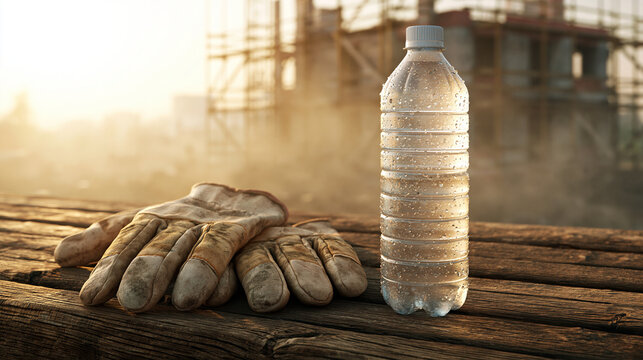 Plastic water bottle covered in fresh water droplets beside dirty brown leather work gloves on rustic wooden table.