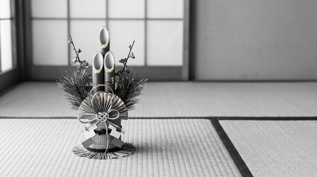 畳に置いた門松の正月飾り　墨と白