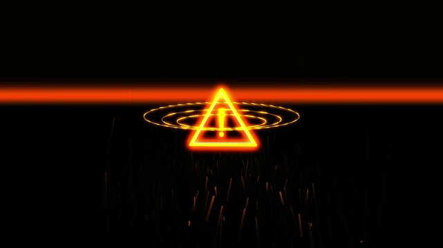 Glowing orange warning triangle icon with circular ripple effect on black background