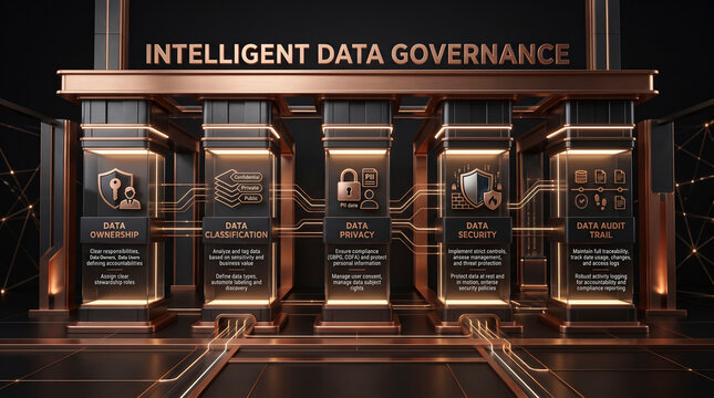 3D conceptual infographic of intelligent data governance pillars in bronze and black style