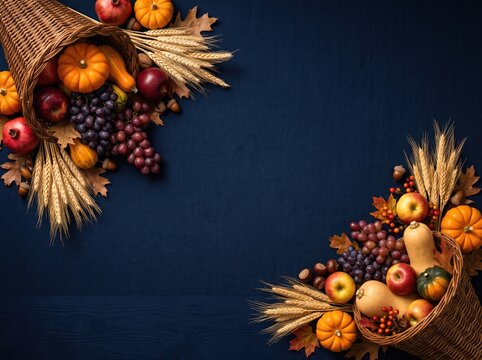 Autumn harvest cornucopia background with pumpkins, fruits, and wheat, thanksgiving concept, copy space
