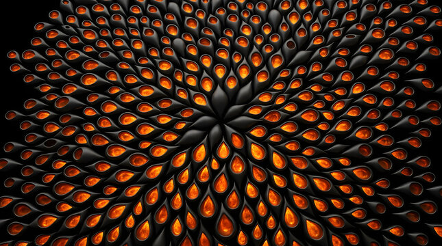 Abstract 3D Radial Pattern of Glowing Orange Teardrops on Black