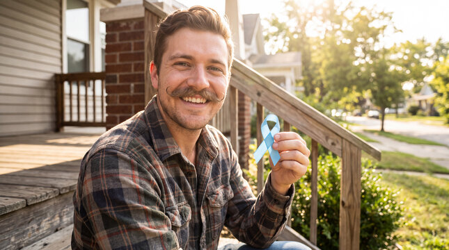 A confident young man with a handlebar mustache holds a light blue ribbon on sunny porch steps, ideal for Movember men's health awareness campaigns.