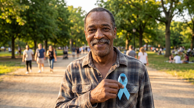A smiling middle-aged Black man with a chevron mustache holds a light blue ribbon in a sunlit park, perfect for Movember health advocacy visuals.