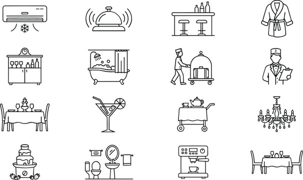 Hotel accommodation and luxury resort services icons set vector illustration hospitality amenities collection isolated on white background