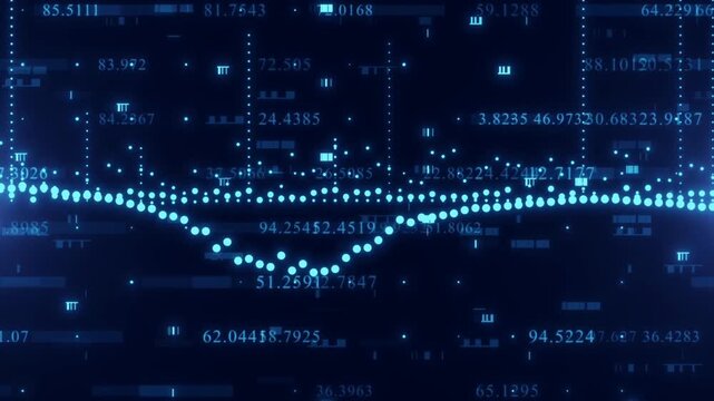 Abstract background motion graphic with glowing digital wave pulses and floating binary data stream particles visualization for futuristic tech communication style.