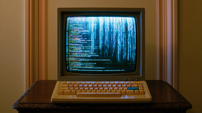 Retro computer monitor glowing with blue code on screen in dim room, vintage technology and nostalgic computing, dark ambiance for coding.