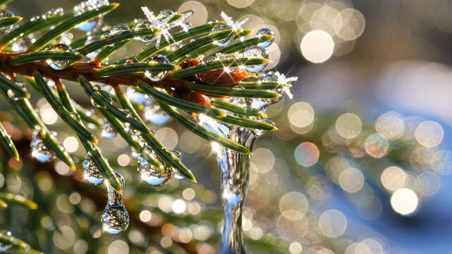 Pine branch with sparkling water drops and frost in winter