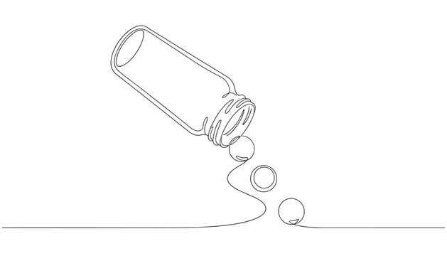 Simple single line drawing of an open medicine bottle with round pharmaceutical pills rolling out onto a surface.