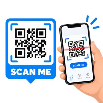 QR Code Scan Me with Smartphone and Hand, Mobile Payment and Digital Scanning Technology Concept. 