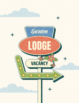 Retro Spring Garden Lodge poster with vintage roadside motel sign decorated with spring flowers. Vector illustration in mid century 1950s Americana style