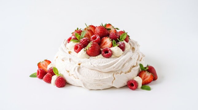 pavlovcake topped with strawberries and raspberries