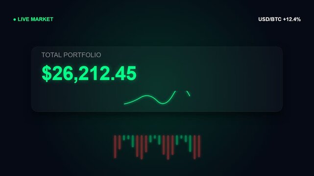 Modern cryptocurrency dashboard interface with glowing green portfolio value and trading chart, concept for fintech platform, digital asset investment app and financial analysis banner
