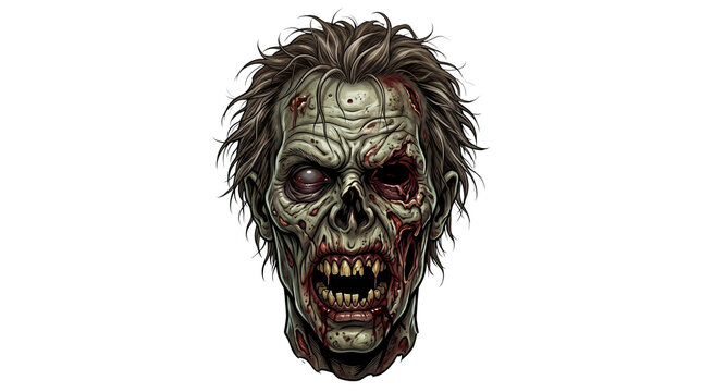 Grisly zombie head with rotting flesh and blood, terrifying undead monster face, creepy horror character for Halloween isolated PNG with Transparent Background