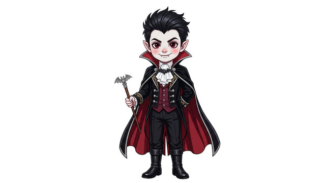 Chibi vampire character in gothic attire, cute dracula boy with black cape and cane, halloween horror mascot illustration isolated PNG with Transparent Background