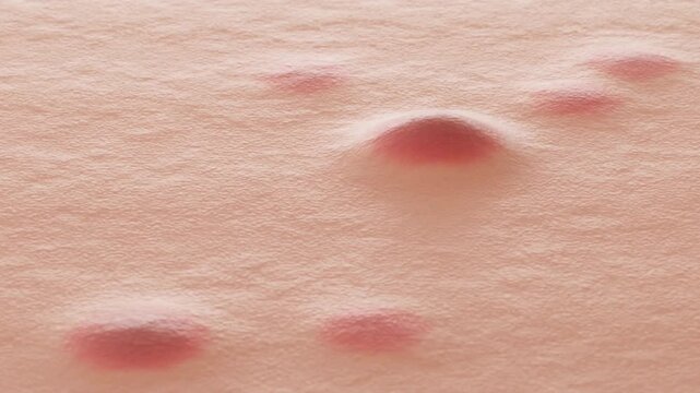 Medical animation showing red inflamed acne bumps appearing on human skin surface with yellow pus centers forming over time in realistic slow motion footage.