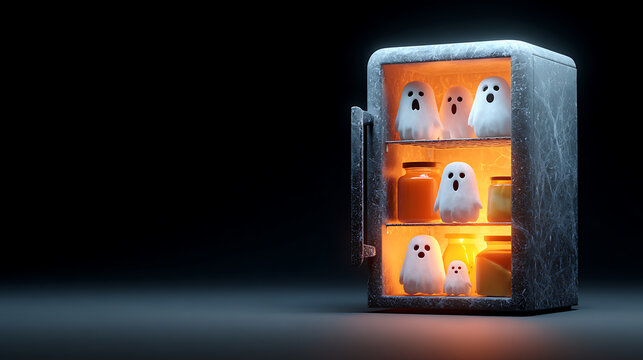Ghost floating from a refrigerator under a flickering ceiling light