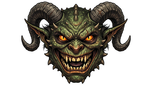 Fierce green goblin head with ram horns, demonic monster face with glowing orange eyes, fantasy creature mascot for gaming and horror isolated PNG with Transparent Background