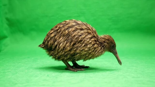 Close-up of a kiwi bird on a green screen, a flightless bird native to New Zealand.