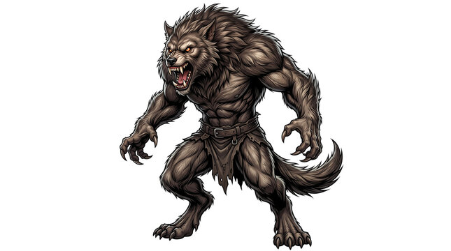 Fierce werewolf character illustration, muscular brown lycanthrope monster, aggressive fantasy creature with sharp claws and fur isolated PNG with Transparent Background