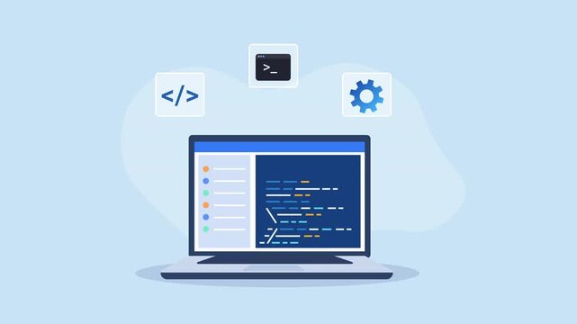 Animated video showing a laptop with a programming interface and source code, surrounded by coding, terminal, and settings icons on a soft blue background.