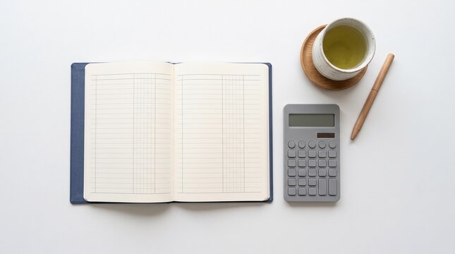 白いデスクの上の家計簿と電卓と湯呑み　曇りの日の柔らかい光、真俯瞰